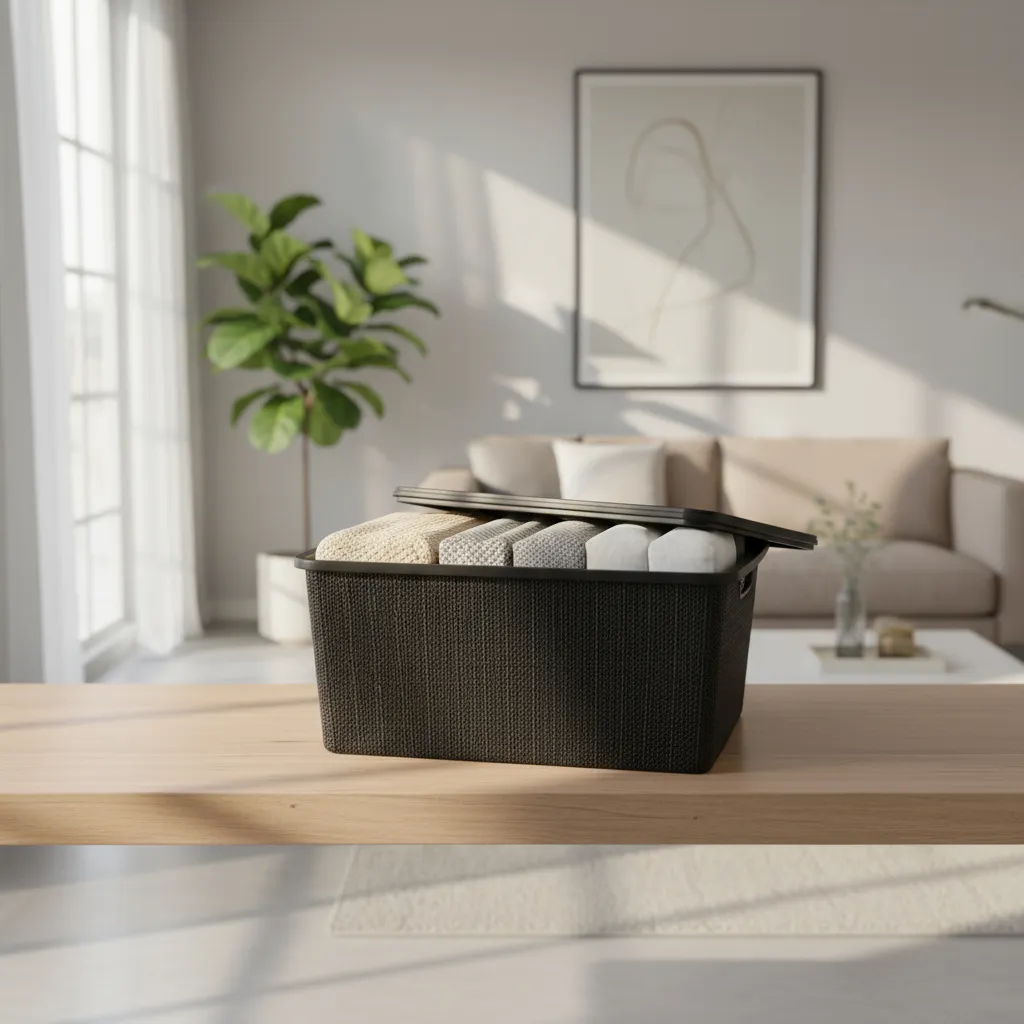 Canasta C/tapa Plástico Yute 58x40x26cm 50l Organizador