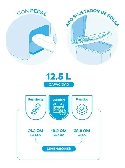 Cesto Tacho Basura Papelera Pedal Premium 12.5l C/sujetador