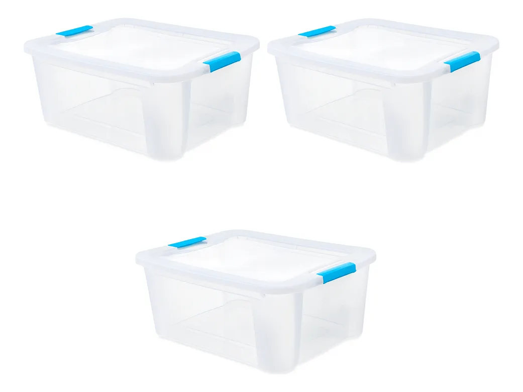 Pack Caja Organizadora 46l Plástico X3 Premium Apilable Celeste Caja Ultraforte 46 L