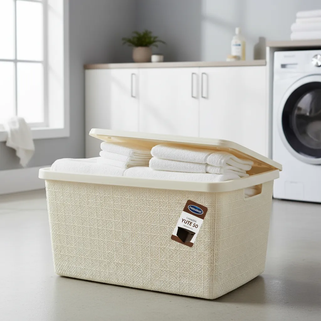 Canasta C/tapa Plástico Yute 58x40x26cm 50l Organizador