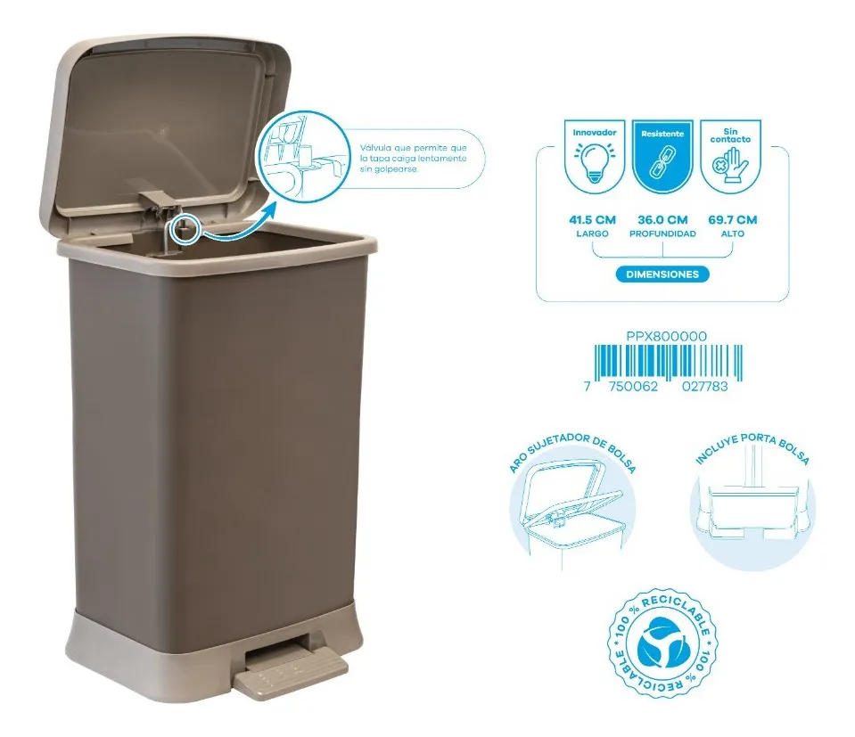 Cesto Tacho De Basura Papelera Pedal Sujetador Premium 55l