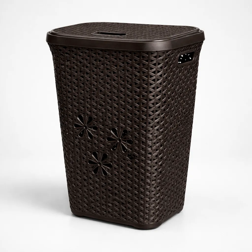 Cesto De Ropa Manija 65l Modelo Ratan Rectangular Flores Chocolate Cesto Ratan Grande